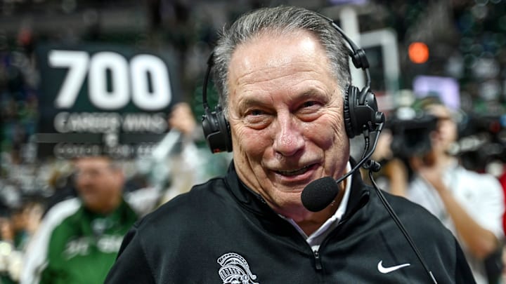 Michigan State's head coach Tom Izzo smiles while giving the post game interview as fans and players celebrate his 700th win after the Spartans beat Michigan on Tuesday, Jan. 30, 2024, at the Breslin Center in East Lansing. Michigan State's head coach Tom Izzo smiles while giving the post game interview as fans and players celebrate his 700th win after the Spartans beat Michigan on Tuesday, Jan. 30, 2024, at the Breslin Center in East Lansing.