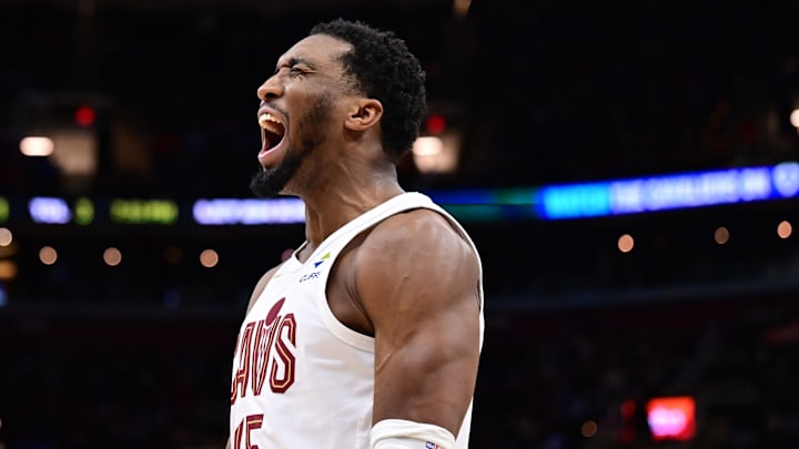 Apr 6, 2025; Cleveland, Ohio, USA; Cleveland Cavaliers guard Donovan Mitchell (45) reacts after a play during the second half against the Sacramento Kings at Rocket Arena. Mandatory Credit: Ken Blaze-Imagn Images