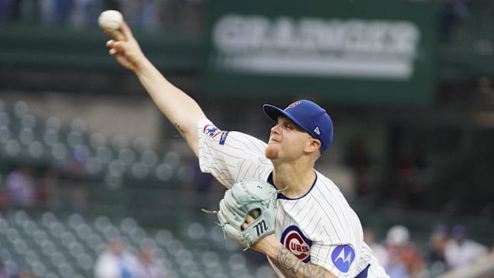 Sep 3, 2025; Chicago, Illinois, USA; Chicago Cubs pitcher Cade Horton (22) throws the ball against the Atlanta Braves during the first inning at Wrigley Field. Mandatory Credit: David Banks-Imagn Images