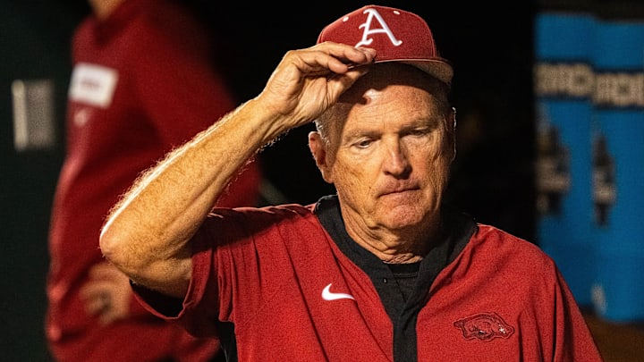 Arkansas Razorbacks head coach Dave Van horn walks through the dugout after falling to the LSU Tigers, 6-5, at Charles Schwab Field. Arkansas Razorbacks head coach Dave Van horn walks through the dugout after falling to the LSU Tigers, 6-5, at Charles Schwab Field.