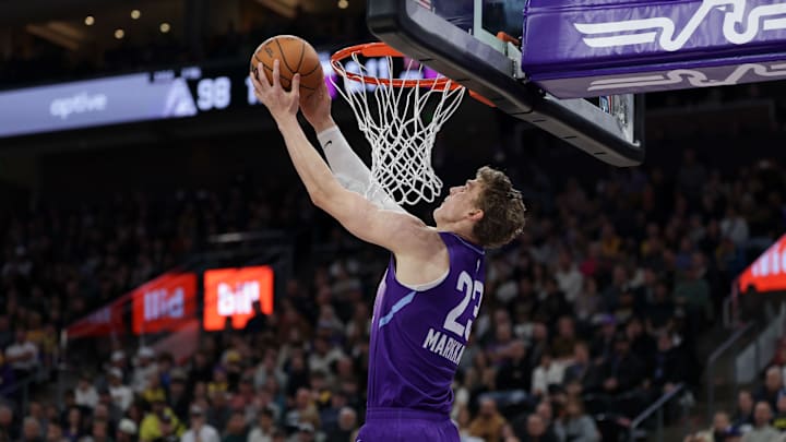 Feb 12, 2025; Salt Lake City, Utah, USA; Utah Jazz forward Lauri Markkanen (23) dunks during the second half against the Los Angeles Lakers at Delta Center. Mandatory Credit: Chris Nicoll-Imagn Images Feb 12, 2025; Salt Lake City, Utah, USA; Utah Jazz forward Lauri Markkanen (23) dunks during the second half against the Los Angeles Lakers at Delta Center. Mandatory Credit: Chris Nicoll-Imagn Images