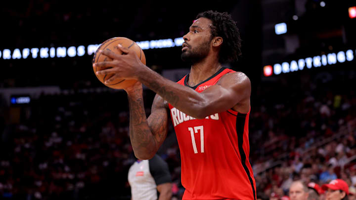 Oct 27, 2025; Houston, Texas, USA; Houston Rockets forward Tari Eason (17) shoots outside against the Brooklyn Nets during the first quarter at Toyota Center. Mandatory Credit: Erik Williams-Imagn Images
