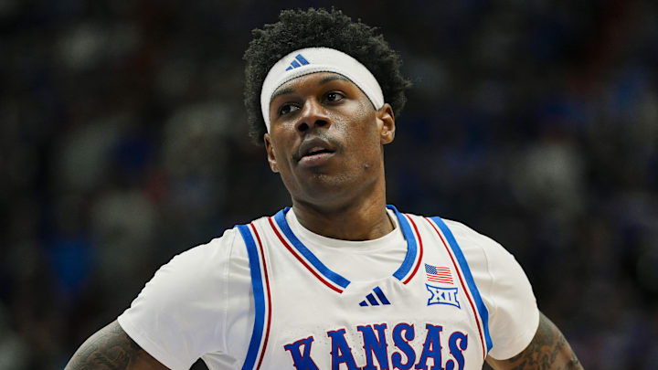 Feb 3, 2025; Lawrence, Kansas, USA; Kansas Jayhawks guard AJ Storr (2) reacts during the second half against the Iowa State Cyclones at Allen Fieldhouse. Mandatory Credit: Jay Biggerstaff-Imagn Images