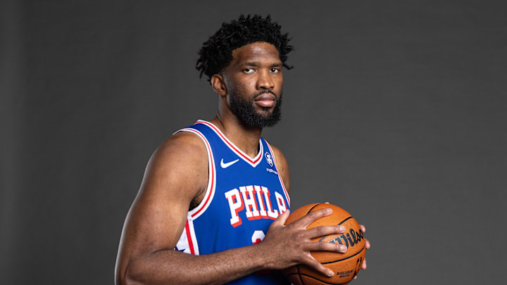 Sep 30, 2024; Camden, NJ, USA; Philadelphia 76ers center Joel Embiid (21) poses for a photo on media day at the Philadelphia 76ers Training Complex. Mandatory Credit: Bill Streicher-Imagn Images