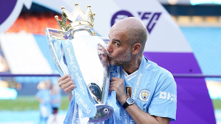 Pep Guardiola with the Premier League title in 2024. Pep Guardiola with the Premier League title in 2024.