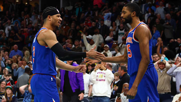 Feb 28, 2025; Memphis, Tennessee, USA; New York Knicks guard Josh Hart (3) and forward Mikal Bridges (25) react after defeating the Memphis Grizzlies at FedExForum. Mandatory Credit: Petre Thomas-Imagn Images
