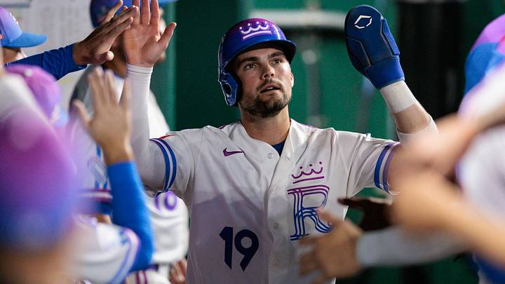 Aug 21, 2026; Kansas City, Missouri, USA; Kansas City Royals second baseman Michael Massey (19) celebrates in the dugout after scoring during the eighth inning against the Detroit Tigers at Kauffman Stadium. Mandatory Credit: William Purnell-Imagn Images Aug 21, 2026; Kansas City, Missouri, USA; Kansas City Royals second baseman Michael Massey (19) celebrates in the dugout after scoring during the eighth inning against the Detroit Tigers at Kauffman Stadium. Mandatory Credit: William Purnell-Imagn Images