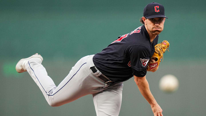Sep 6, 2022; Kansas City, Missouri, USA; Cleveland Guardians starting pitcher Shane Bieber (57) warms up during the first inning against the Kansas City Royals at Kauffman Stadium. Mandatory Credit: Jay Biggerstaff-Imagn Images Sep 6, 2022; Kansas City, Missouri, USA; Cleveland Guardians starting pitcher Shane Bieber (57) warms up during the first inning against the Kansas City Royals at Kauffman Stadium. Mandatory Credit: Jay Biggerstaff-Imagn Images