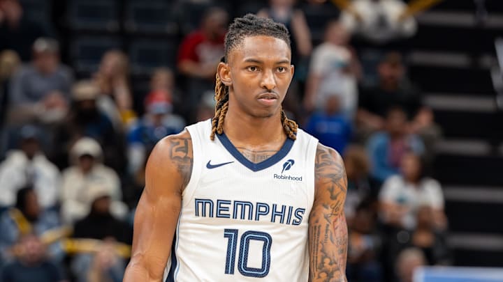 Oct 25, 2025; Memphis, Tennessee, USA; Memphis Grizzlies guard Javon Small (10) looks on against the Indiana Pacers during the second half at FedExForum. Mandatory Credit: Wesley Hale-Imagn Images Oct 25, 2025; Memphis, Tennessee, USA; Memphis Grizzlies guard Javon Small (10) looks on against the Indiana Pacers during the second half at FedExForum. Mandatory Credit: Wesley Hale-Imagn Images