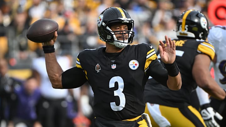 Nov 17, 2024; Pittsburgh, Pennsylvania, USA; Pittsburgh Steelers quarterback Russell Wilson (3) throws a pass against the Baltimore Ravens during the first quarter at Acrisure Stadium. Mandatory Credit: Barry Reeger-Imagn Images