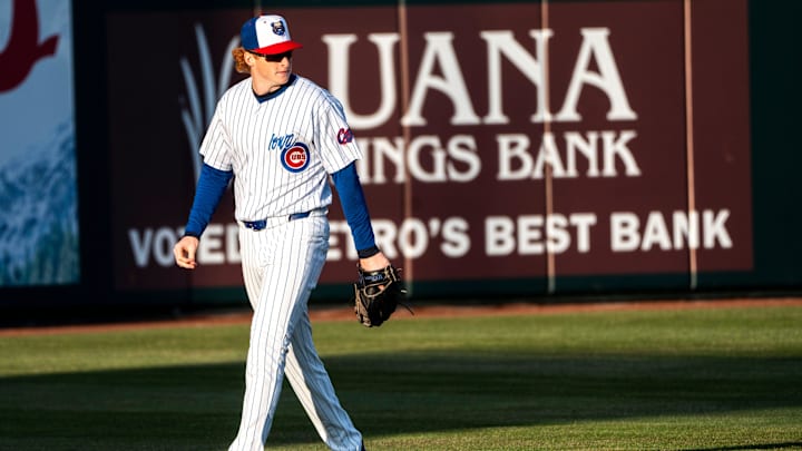 Iowa Cubs' Owen Caissie walks in the outfield during a game against the Toledo Mud Hens at Principal Park on Tuesday, April 2, 2024, in Des Moines.