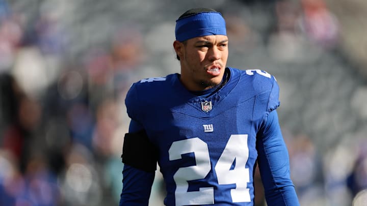Jan 4, 2026; East Rutherford, New Jersey, USA; New York Giants safety Dane Belton (24) looks on before the game against the Dallas Cowboys at MetLife Stadium. Mandatory Credit: Vincent Carchietta-Imagn Images