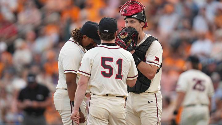 Cincinnati pitcher Kellen O'Connor (51), Cincinnati catcher Jack Natili (7) and Cincinnati's Christian Mitchelle (3) talk on the pitchers mound during a NCAA regional baseball game between the Tennessee Volunteers and Cincinnati Bearcats at Lindsey Nelson Stadium in Knoxville, Tenn., on May 31, 2025.