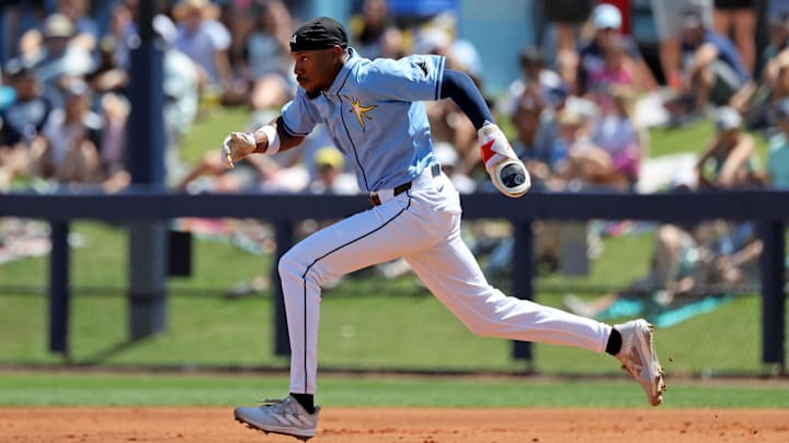 Port Charlotte, Florida, USA;  Tampa Bay Rays outfielder Chandler Simpson (96) steals second be during the third inning against the New York Yankees at Charlotte Sports Park.