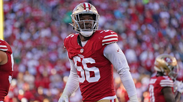 Sep 9, 2024; Santa Clara, California, USA; San Francisco 49ers defensive end Leonard Floyd (56) watches the video replay in the second quarter against the New York Jets at Levi's Stadium. Mandatory Credit: David Gonzales-Imagn Images