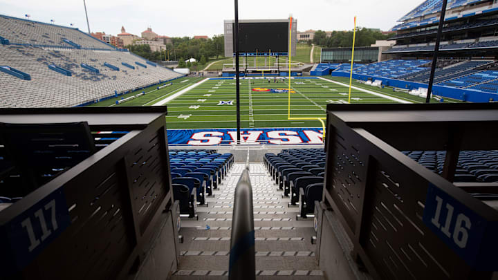 A view from the 117 and 116 sections shows the north end zone during a media walkthrough tour of David Booth Kansas Memorial Stadium on Aug. 19, 2025. A view from the 117 and 116 sections shows the north end zone during a media walkthrough tour of David Booth Kansas Memorial Stadium on Aug. 19, 2025.