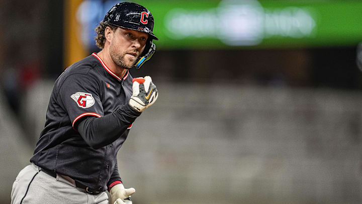 Apr 12, 2026: Cleveland Guardians first baseman Rhys Hoskins (8) reacts after hitting a home run against the Atlanta Braves during the sixth inning at Truist Park. 