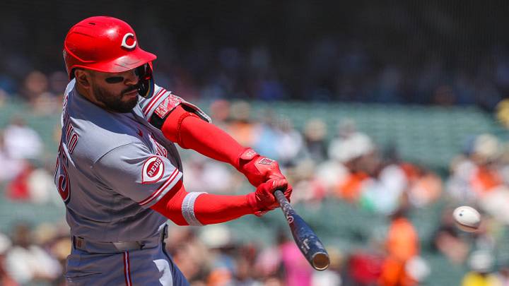 Aug 26, 2026; San Francisco, California, USA;  Cincinnati Reds catcher Jose Trevino (35) hits an RBI single during the second inning against the San Francisco Giants at Oracle Park.  Mandatory Credit: Sergio Estrada-Imagn Images