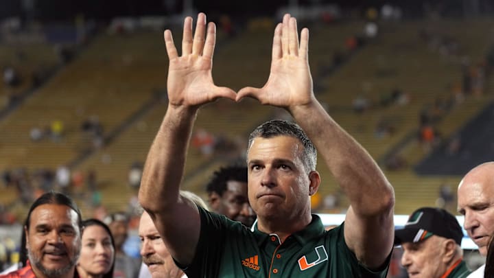 Oct 5, 2024; Berkeley, California, USA; Miami Hurricanes head coach Mario Cristobal gestures after defeating the California Golden Bears at California Memorial Stadium. Mandatory Credit: Darren Yamashita-Imagn Images