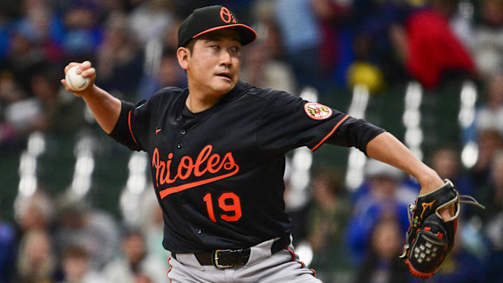 May 21, 2025; Milwaukee, Wisconsin, USA; Baltimore Orioles starting pitcher Tomoyuki Sugano (19) throws a pitch in the first inning against the Milwaukee Brewers at American Family Field.