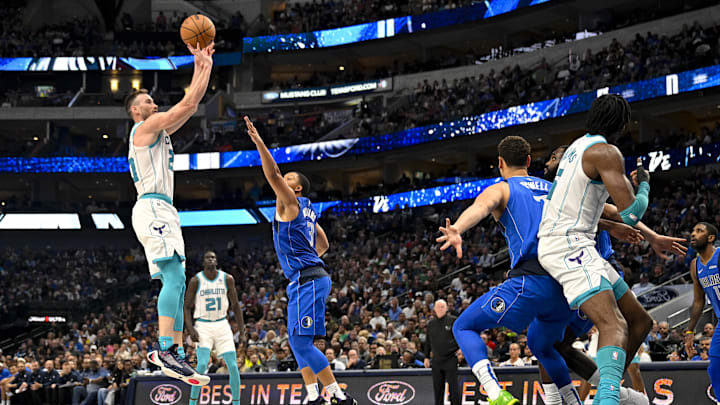 Nov 5, 2023; Dallas, Texas, USA; Charlotte Hornets forward Gordon Hayward (20) shoots the ball over