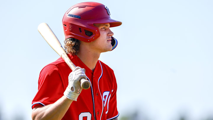 Feb 20, 2023; West Palm Beach, FL, USA; Washington Nationals infielder Brady House (9) looks on during a spring training workout at The Ballpark of the Palm Beaches.