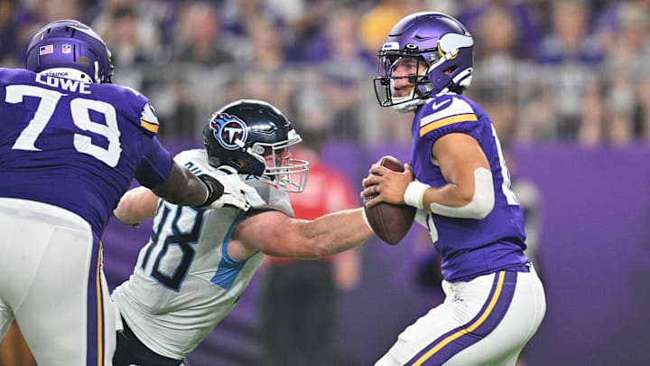 Aug 19, 2023; Minneapolis, Minnesota, USA; Minnesota Vikings quarterback Jaren Hall (16) looks to throw the ball as Tennessee Titans linebacker Thomas Rush (48) pursues and offensive tackle Vederian Lowe (79) blocks during the third quarter at U.S. Bank Stadium. Aug 19, 2023; Minneapolis, Minnesota, USA; Minnesota Vikings quarterback Jaren Hall (16) looks to throw the ball as Tennessee Titans linebacker Thomas Rush (48) pursues and offensive tackle Vederian Lowe (79) blocks during the third quarter at U.S. Bank Stadium.