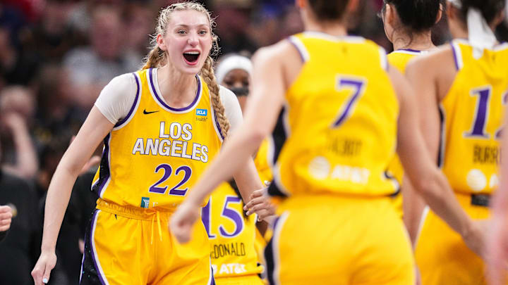 Los Angeles Sparks forward Cameron Brink (22) yells in excitement Tuesday, May 28, 2024, during the game at Gainbridge Fieldhouse in Indianapolis.