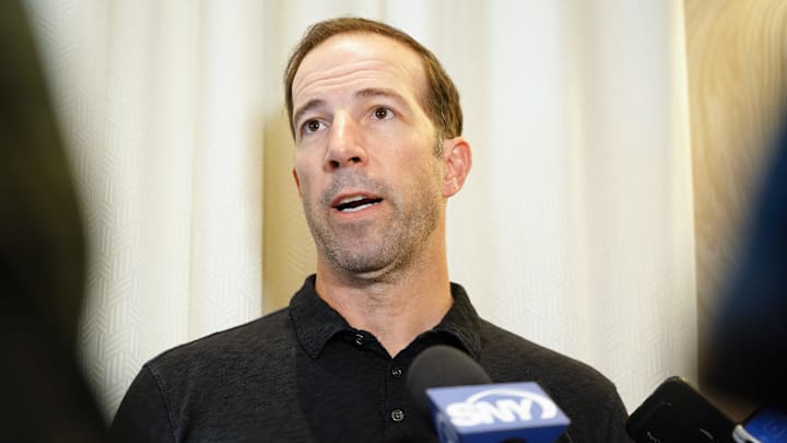 Nov 9, 2022; Las Vegas, NV, USA; New York Mets general manager Billy Eppler answers questions from