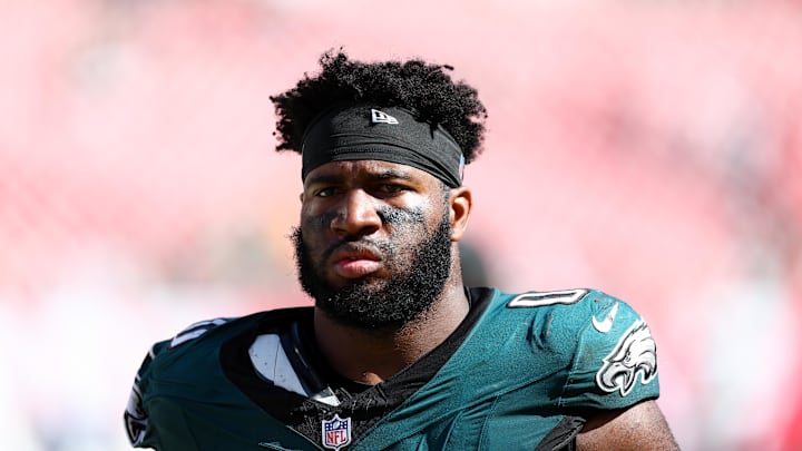 Sep 29, 2024; Tampa, Florida, USA; =Philadelphia Eagles defensive end Bryce Huff (0) looks on after a game against the Tampa Bay Buccaneers at Raymond James Stadium. Mandatory Credit: Nathan Ray Seebeck-Imagn Images