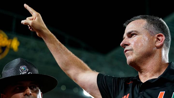 Oct 21, 2023; Miami Gardens, Florida, USA; Miami Hurricanes head coach Mario Cristobal celebrates after defeating the Clemson Tigers at Hard Rock Stadium. Mandatory Credit: Rich Storry-USA TODAY Sports