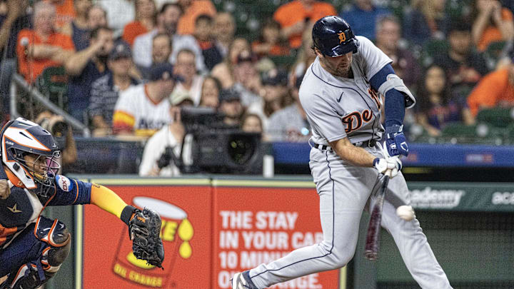 Detroit Tigers right fielder Matt Vierling (8) hits a single against the Houston Astros on Monday, April 3rd, 2023. 