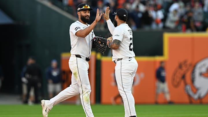 Oct 8, 2025; Detroit, Michigan, USA; Detroit Tigers left fielder Riley Greene (31) and second baseman Gleyber Torres (25) high five following  game four of the ALDS round for the 2025 MLB playoffs against the Seattle Mariners at Comerica Park. 