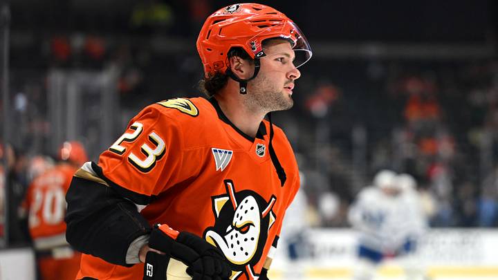 Mar 30, 2026; Anaheim, California, USA; Anaheim Ducks center Mason McTavish (23) warms up before the game against the Toronto Maple Leafs at Honda Center.