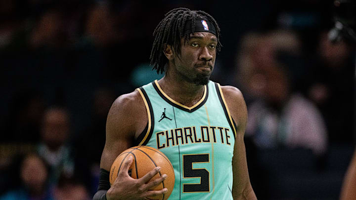 Charlotte Hornets center Williams holds the ball against the Portland Trail Blazers during the second quarter at Spectrum Center. Charlotte Hornets center Williams holds the ball against the Portland Trail Blazers during the second quarter at Spectrum Center.