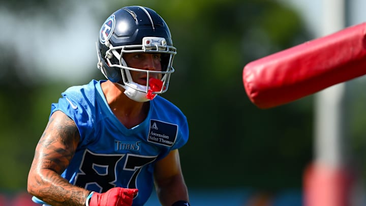 Jul 23, 2025; Nashville, TN, USA;  Tennessee Titans wide receiver Xavier Restrepo (87) goes through drills during training camp at Ascension Saint Thomas Sports Park. Mandatory Credit: Steve Roberts-Imagn Images