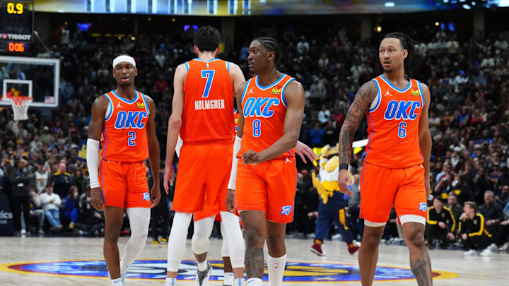 Dec 16, 2023; Denver, Colorado, USA; Oklahoma City Thunder guard Shai Gilgeous-Alexander (2) and forward Chet Holmgren (7) and forward Jalen Williams (8) and forward Jaylin Williams (6) break huddle in the fourth quarter against the Denver Nuggets at Ball Arena. Mandatory Credit: Ron Chenoy-Imagn Images