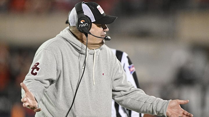 Oct 25, 2025; Louisville, Kentucky, USA;  Boston College Eagles head coach Bill O'Brien questions a call during the second half against the Louisville Cardinals at L&N Federal Credit Union Stadium. Louisville defeated Boston College 38-24. Mandatory Credit: Jamie Rhodes-Imagn Images