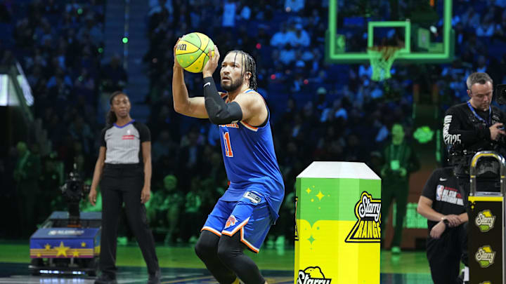 Feb 15, 2025; San Francisco, CA, USA; New York Knicks guard Jalen Brunson (11) competes in the three-point contest during All Star Saturday Night ahead of the 2025 NBA All Star Game at Chase Center. Mandatory Credit: Kyle Terada-Imagn Images Feb 15, 2025; San Francisco, CA, USA; New York Knicks guard Jalen Brunson (11) competes in the three-point contest during All Star Saturday Night ahead of the 2025 NBA All Star Game at Chase Center. Mandatory Credit: Kyle Terada-Imagn Images