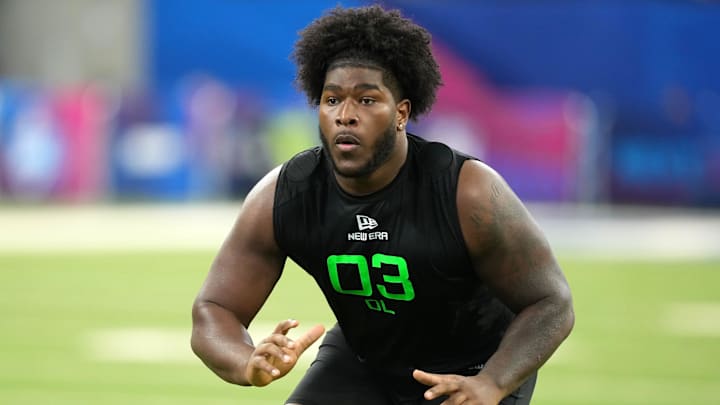 Mar 2, 2025; Indianapolis, IN, USA; Alabama offensive lineman Tyler Booker (OL03) during the 2025 NFL Combine at Lucas Oil Stadium. Mandatory Credit: Kirby Lee-Imagn Images