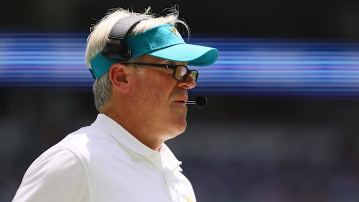 Sep 8, 2024; Miami Gardens, Florida, USA; Jacksonville Jaguars head coach Doug Pederson looks on from the sideline against the Miami Dolphins during the first quarter at Hard Rock Stadium. Mandatory Credit: Sam Navarro-Imagn Images