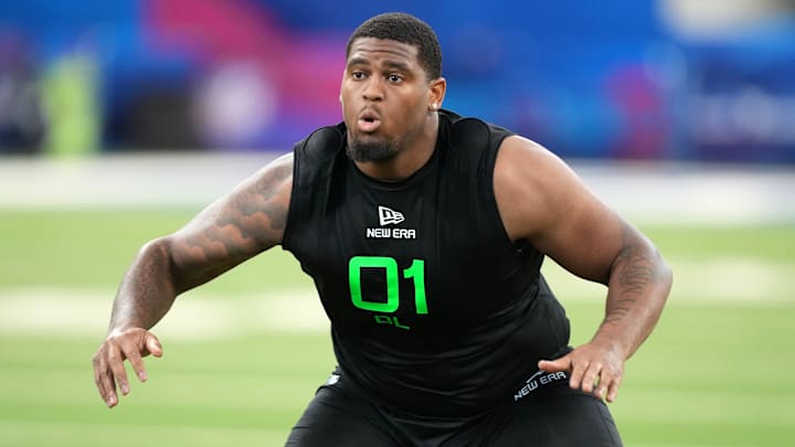 Mar 2, 2025; Indianapolis, IN, USA; Texas offensive lineman Kelvin Banks (OL01) during the 2025 NFL Combine at Lucas Oil Stadium. Mandatory Credit: Kirby Lee-Imagn Images