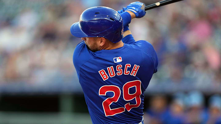 Mar 5, 2024; Surprise, Arizona, USA; Chicago Cubs designated hitter Michael Busch (29) bats against