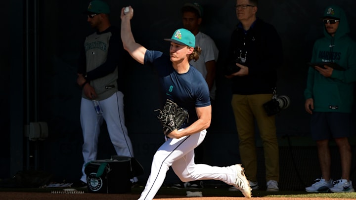 Feb 12, 2026; Peoria, AZ, USA; Seattle Mariners pitcher Bryce Miller (50) throws during a Spring Training workout at Peoria Sports Complex. Mandatory Credit: Matt Kartozian-Imagn Images Feb 12, 2026; Peoria, AZ, USA; Seattle Mariners pitcher Bryce Miller (50) throws during a Spring Training workout at Peoria Sports Complex. Mandatory Credit: Matt Kartozian-Imagn Images