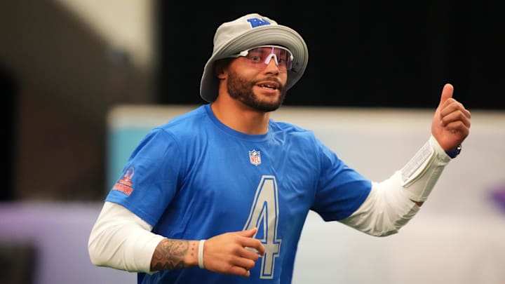 Dallas Cowboys quarterback Dak Prescott during NFC practice at the Flag Fieldhouse Moscone Center South Building. 
