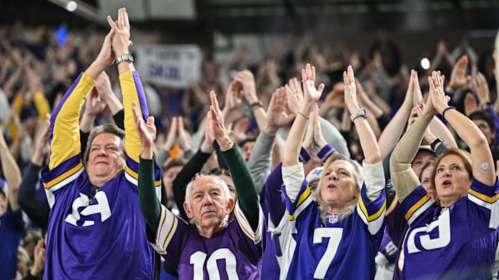 Dec 29, 2024; Minneapolis, Minnesota, USA; Minnesota Vikings fans react during the fourth quarter against the Green Bay Packers at U.S. Bank Stadium. Mandatory Credit: Jeffrey Becker-Imagn Images