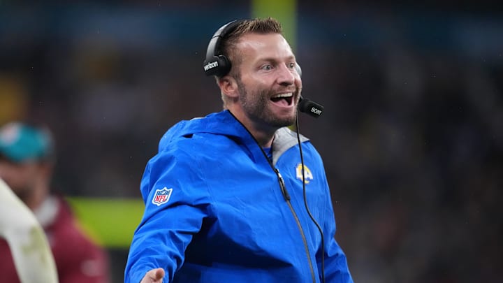 Oct 19, 2025; London, United Kingdom; Los Angeles Rams head coach Sean McVay reacts after a play against the Jacksonville Jaguars during the second half of an NFL International Series game at Wembley Stadium. Mandatory Credit: Kirby Lee-Imagn Images Oct 19, 2025; London, United Kingdom; Los Angeles Rams head coach Sean McVay reacts after a play against the Jacksonville Jaguars during the second half of an NFL International Series game at Wembley Stadium. Mandatory Credit: Kirby Lee-Imagn Images