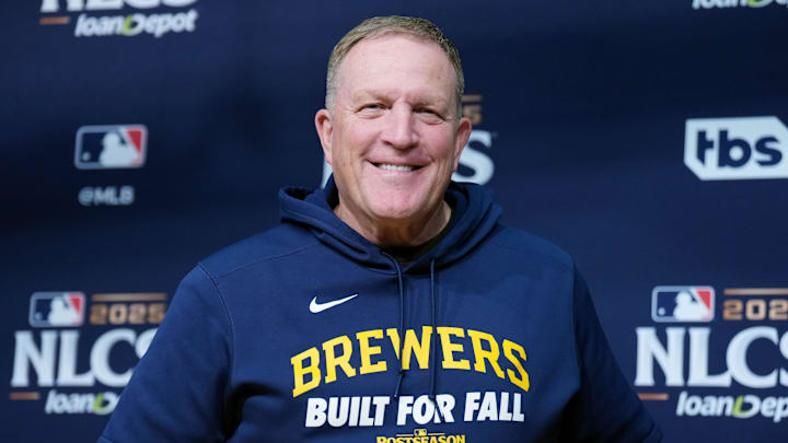 Oct 17, 2025; Los Angeles, California, USA; Milwaukee Brewers manager Pat Murphy (49) speaks in a press conference before game four against the Los Angeles Dodgers in the NLCS round for the 2025 MLB playoffs at Dodger Stadium. Mandatory Credit: Kirby Lee-Imagn Images