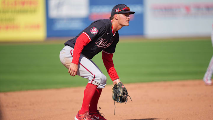 Mar 15, 2024; Port St. Lucie, Florida, USA; Washington Nationals third baseman Brady House (55) participates in the Spring Breakout game against the New York Mets at Clover Park. 