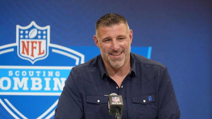Feb 25, 2025; Indianapolis, IN, USA; New England Patriots coach Mike Vrabel speaks during the NFL Scouting Combine at the Indiana Convention Center. Mandatory Credit: Kirby Lee-Imagn Images
